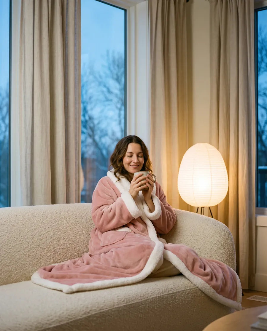 Woman wrapped in the pink Tovelle HeatHug wearable heated blanket on a sofa at dusk