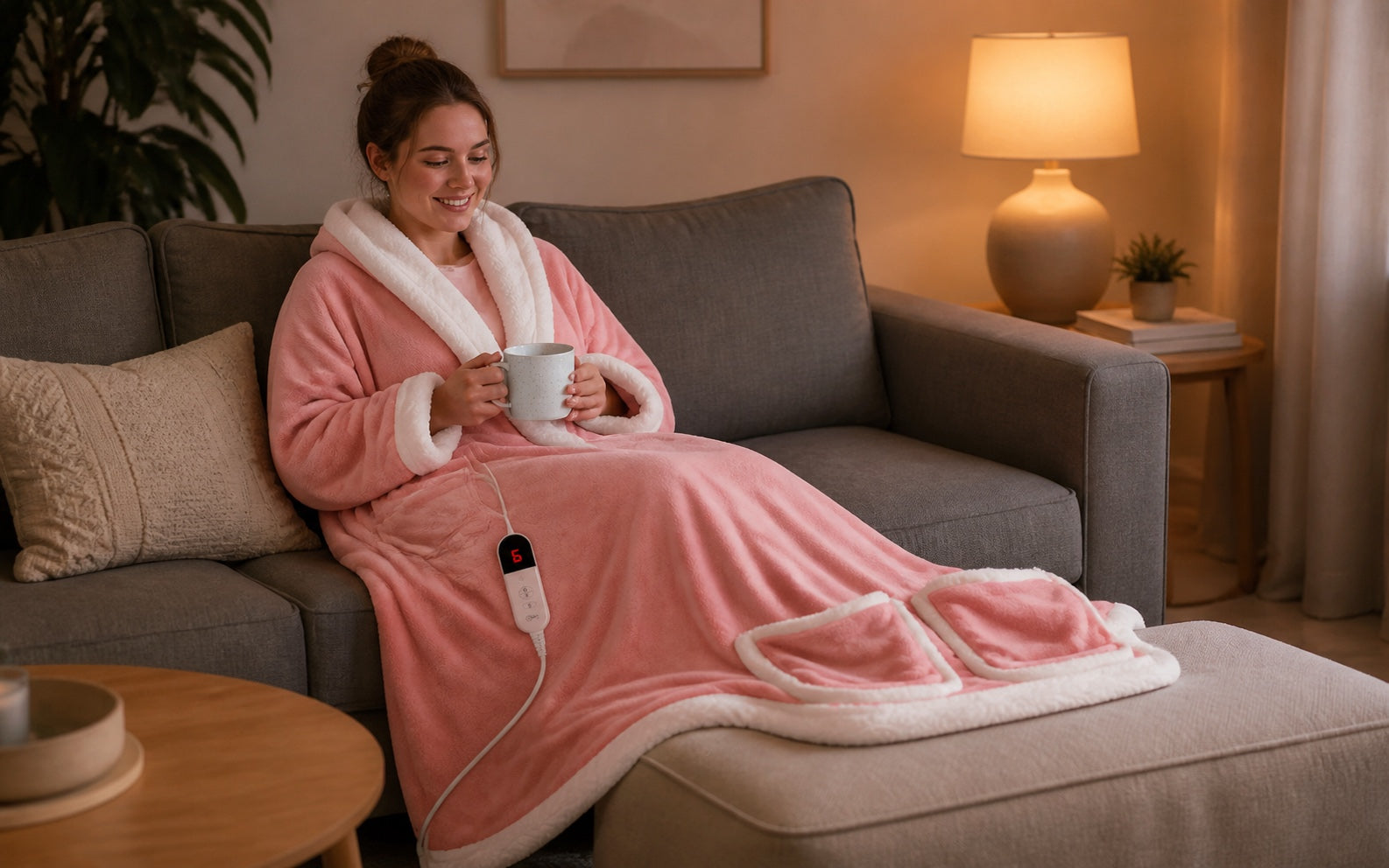 Cozy evening wrapped in a pink Tovelle heated blanket