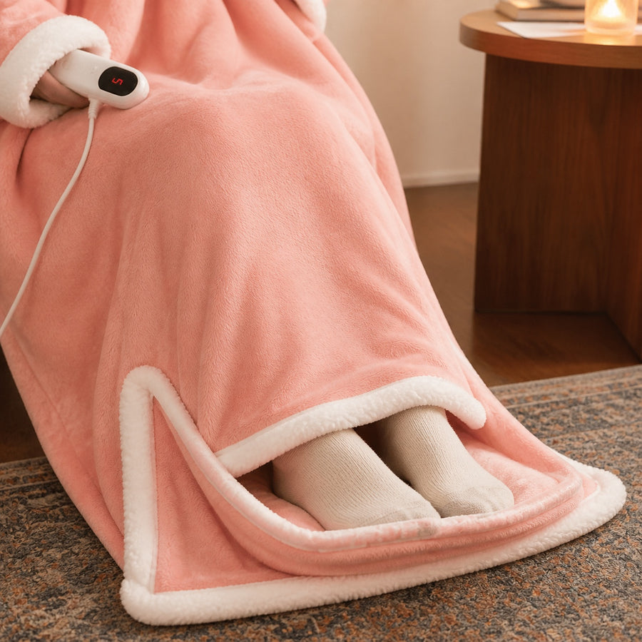Feet tucked into the heated foot pocket