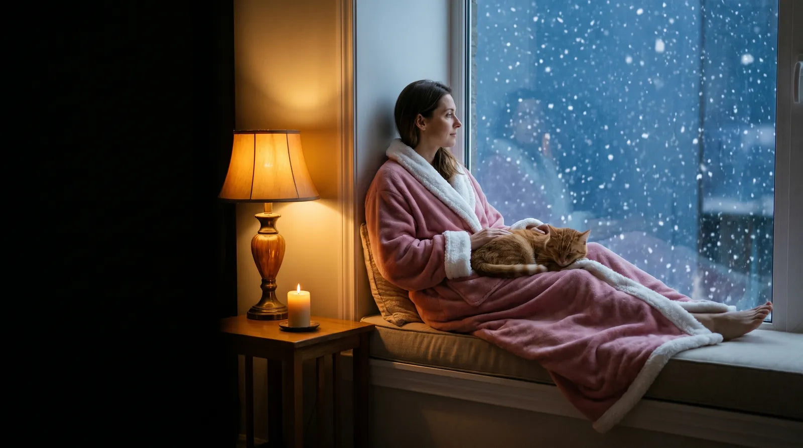 Woman in a pink Tovelle on a window seat with a sleeping cat while snow falls outside
