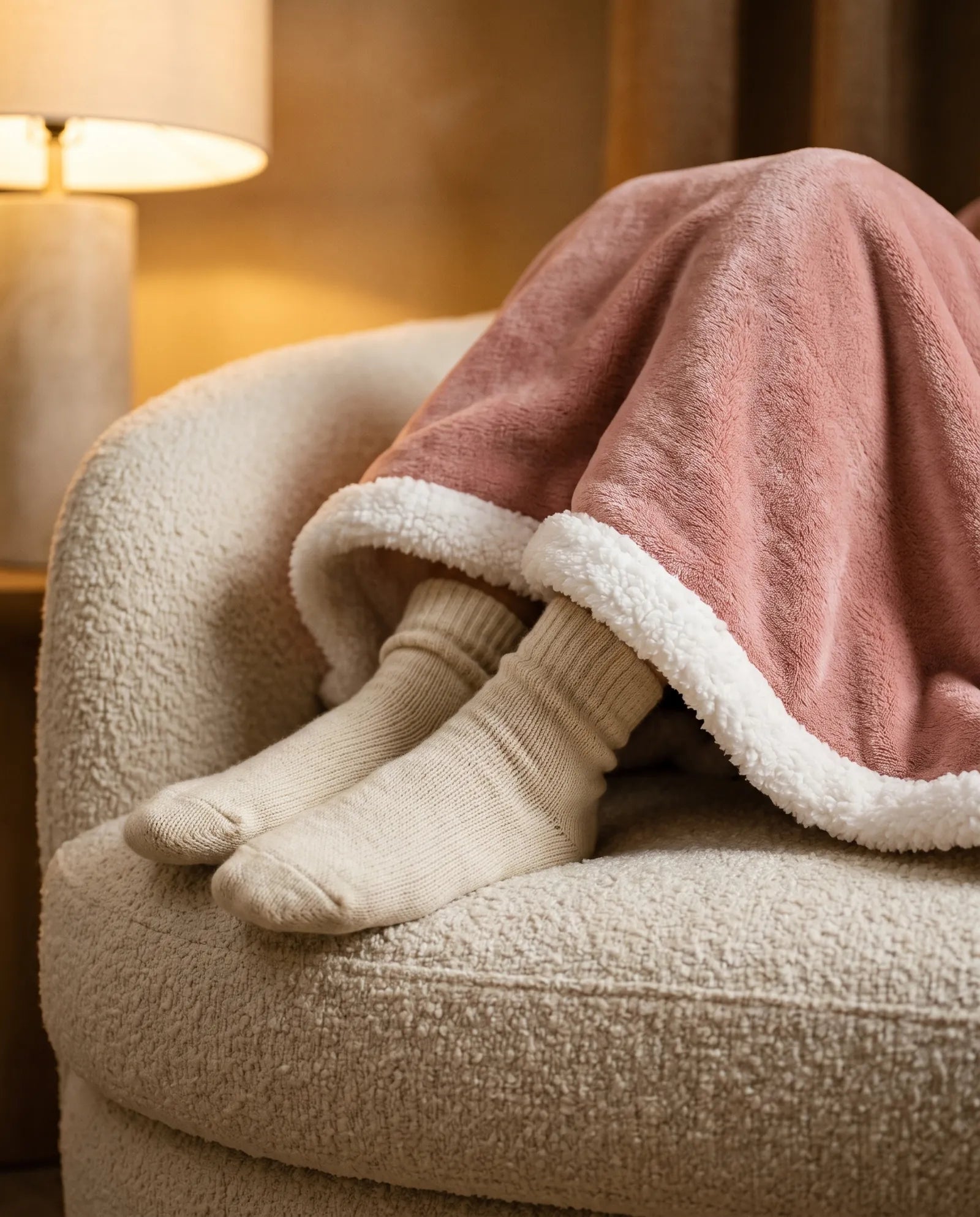Feet in wool socks tucked under the sherpa hem