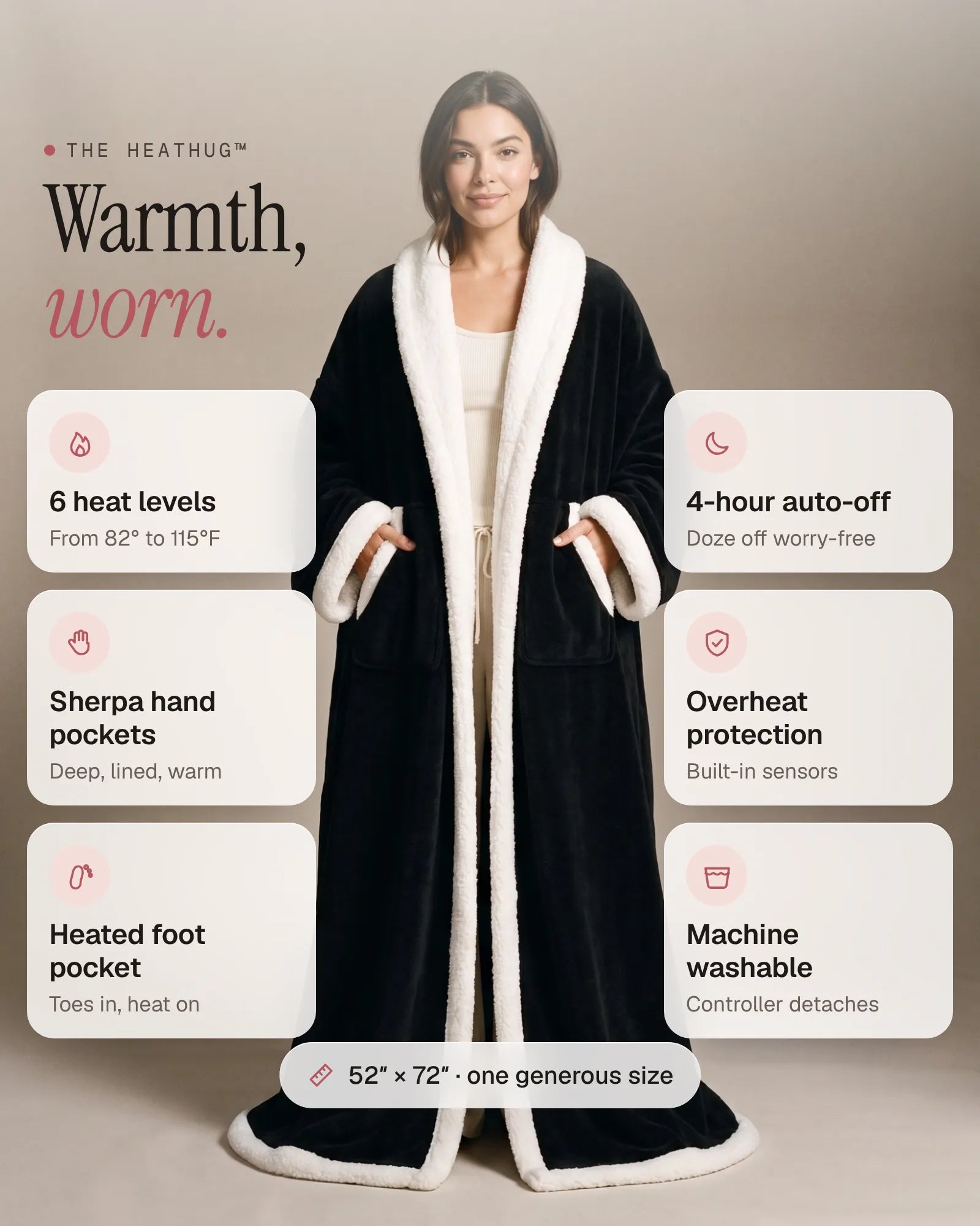 Tovelle HeatHug™ Wearable Heated Blanket Hoodie — 6 heat levels, sherpa hand pockets, heated foot pocket, 4-hour auto-off, overheat protection, machine washable