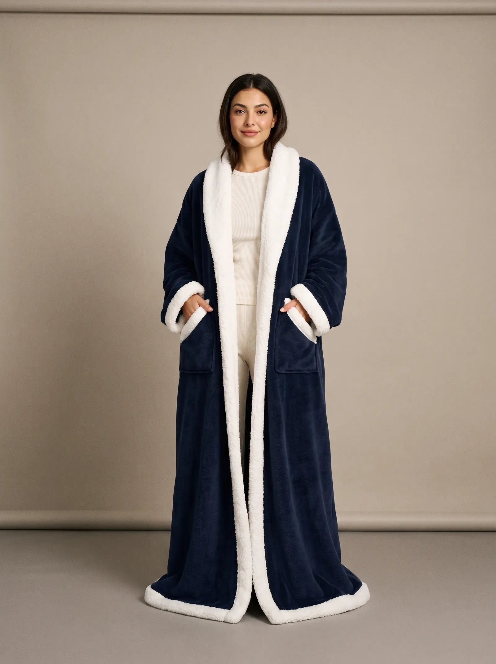 Model wearing the Tovelle HeatHug in Navy Blue